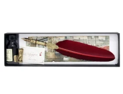 Coles Calligraphy Burgundy Feather Design Quill, Stand & Ink Set