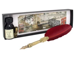 Coles Calligraphy Burgundy Feather Design Quill, Stand & Ink Set