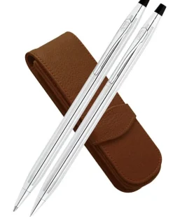Cross Classic Century Lustrous Chrome Ballpoint, Pencil & Leather Pen Case Set