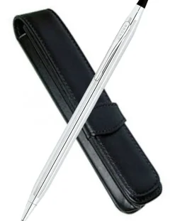 Cross Classic Century Lustrous Chrome Ballpoint Pen & Black Leather Pen Case