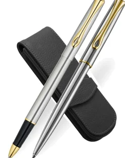 Diplomat Traveller Stainless Steel Gold Trim Ballpoint, Rollerball & Leather Pen Case Set