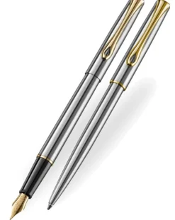 Diplomat Traveller Stainless Steel Gold Trim Fountain & Ballpoint Set