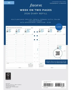 Filofax A5 Diary Refill Multilanguage - Week on Two Pages with appointments 2026 - White