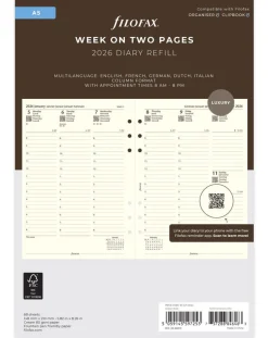 Filofax A5 Diary Refill Multilanguage - Week on Two Pages with appointments 2026 - Cotton Cream