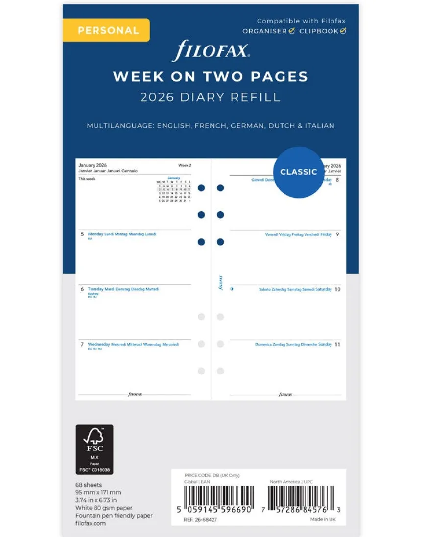 Filofax Personal Diary Refill Multilanguage - Week on Two Pages 2026 - White