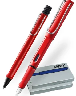 LAMY safari Red Ballpoint, Fountain Pen & Ink Cartridges Bundle