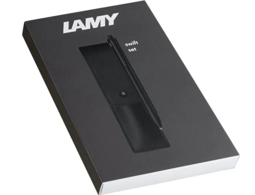 LAMY swift Black Rollerball Pen & Leather Pen Case Gift Set