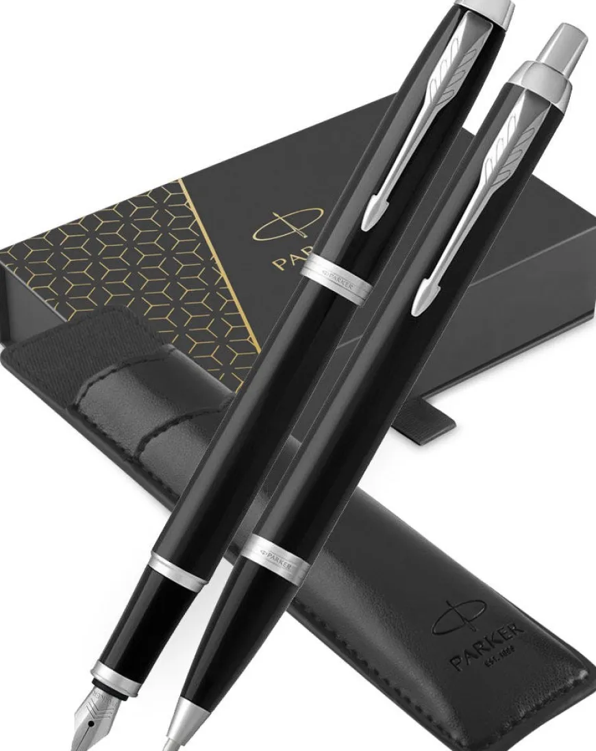 Parker IM Black Chrome Trim Fountain, Ballpoint & Pen Pouch Gift Set