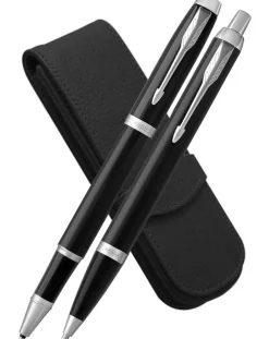 Parker IM Black Chrome Trim Rollerball, Ballpoint and Leather Pen Case Set