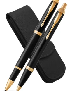 Parker IM Black Gold Trim Rollerball, Ballpoint and Leather Pen Case Set