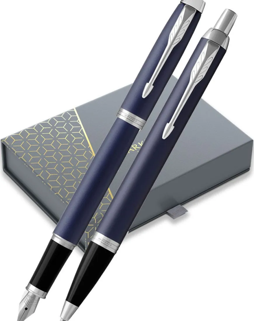 Parker IM Blue Chrome Trim Fountain & Ballpoint Pen Gift Set