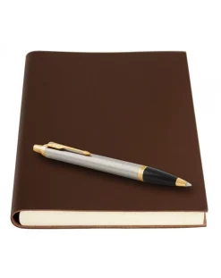 Parker IM Brushed Metal Ballpoint Pen & Sorrento Chocolate Medium Leather Journal