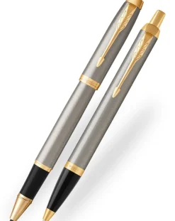 Parker IM Brushed Metal Gold Trim Ballpoint & Rollerball Pen Set
