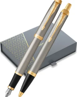 Parker IM Brushed Metal Gold Trim Fountain & Ballpoint Pen Gift Set