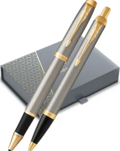 Parker IM Brushed Metal Gold Trim Rollerball & Ballpoint Pen Gift Set