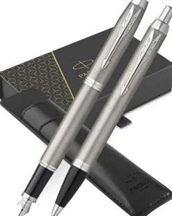 Parker IM Stainless Steel Chrome Trim Fountain, Ballpoint & Pen Pouch Gift Set