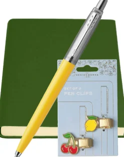 Parker Jotter Original Yellow Ballpoint Pen, Sorrento Medium Leather Journal & Set of 2 Pen Clips