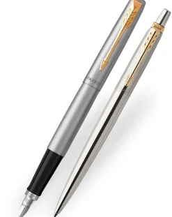 Parker Jotter Stainless Steel Gold Trim Ballpoint & Fountain Pen Set