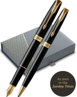 Parker Sonnet Black Gold Trim Ballpoint & Fountain Pen Premium Gift Set
