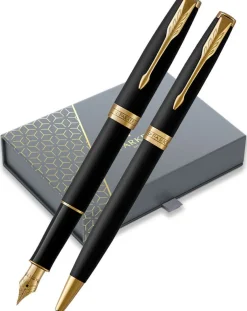 Parker Sonnet Matte Black Gold Trim Fountain & Ballpoint Pen Set