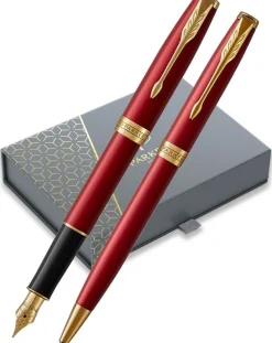 Parker Sonnet Red Gold Trim Fountain & Ballpoint Pen Set