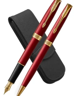 Parker Sonnet Red Gold Trim Fountain, Ballpoint and Black Leather Pen Case Set