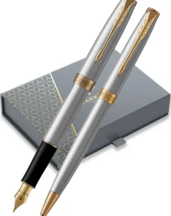 Parker Sonnet Stainless Steel Gold Trim Fountain & Ballpoint Pen Set