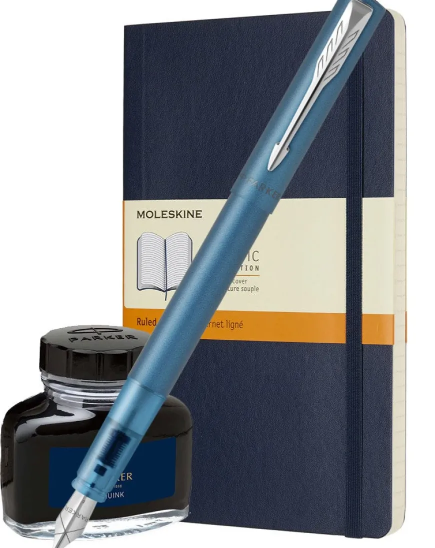 Parker Vector XL Teal Fountain Pen, Moleskine Large Notebook & Ink Bottle Bundle