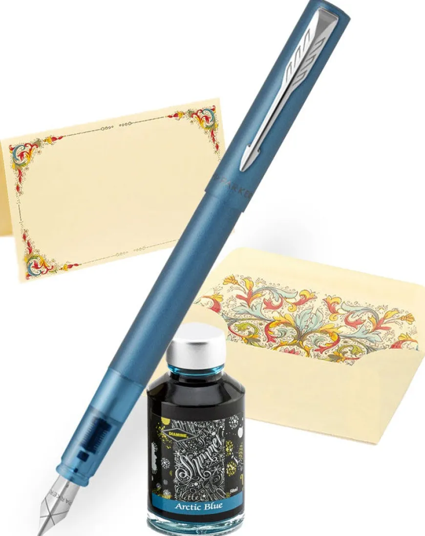 Parker Vector XL Teal Fountain Pen, Kartos Folded Card Set & Ink Bottle Bundle
