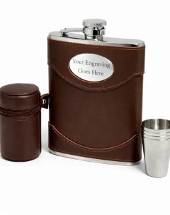 Personalised Artamis Brown Leather 6oz Hip Flask with Cups in A Case