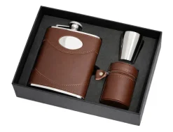 Personalised Artamis Brown Leather 6oz Hip Flask with Cups in A Case