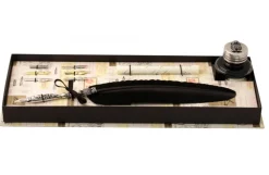Pewter Feather Quill and Ink Set with Owl Design - Black