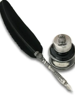 Pewter Feather Quill and Ink Set with Owl Design - Black