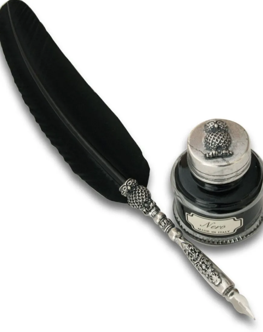 Pewter Feather Quill and Ink Set with Owl Design - Black