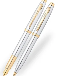 Sheaffer 100 Bright Chrome Gold Trim Ballpoint & Fountain Pen Gift Set