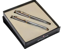 Sheaffer 100 Bright Chrome Gold Trim Ballpoint & Fountain Pen Gift Set