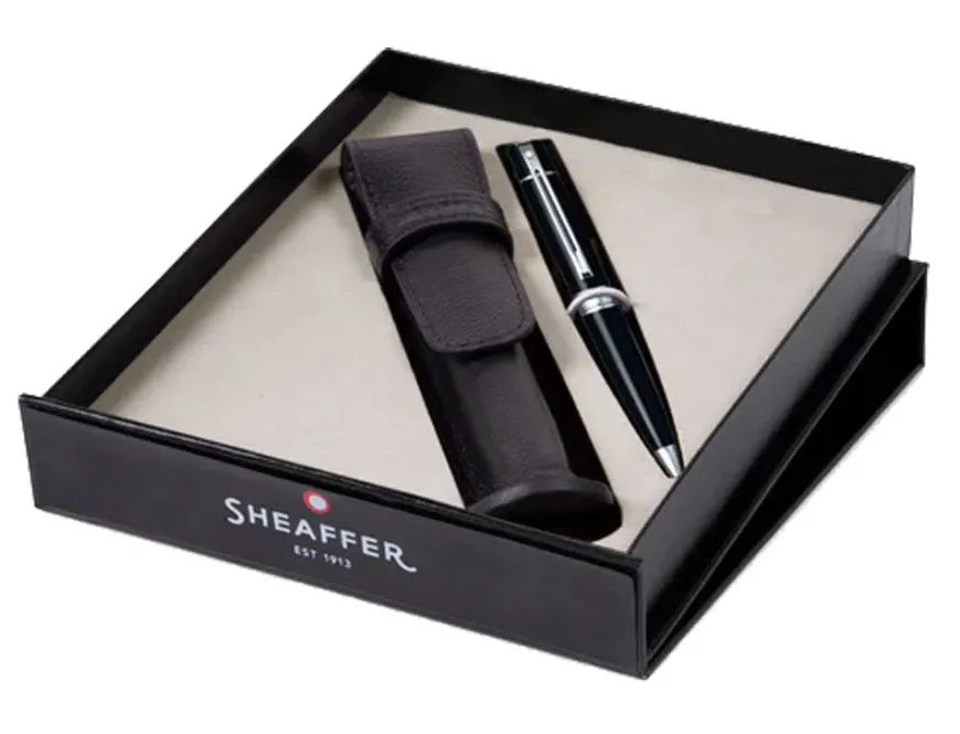 Sheaffer 300 Gloss Black Chrome Trim Ballpoint Pen & Single Leather Pouch Gift Set