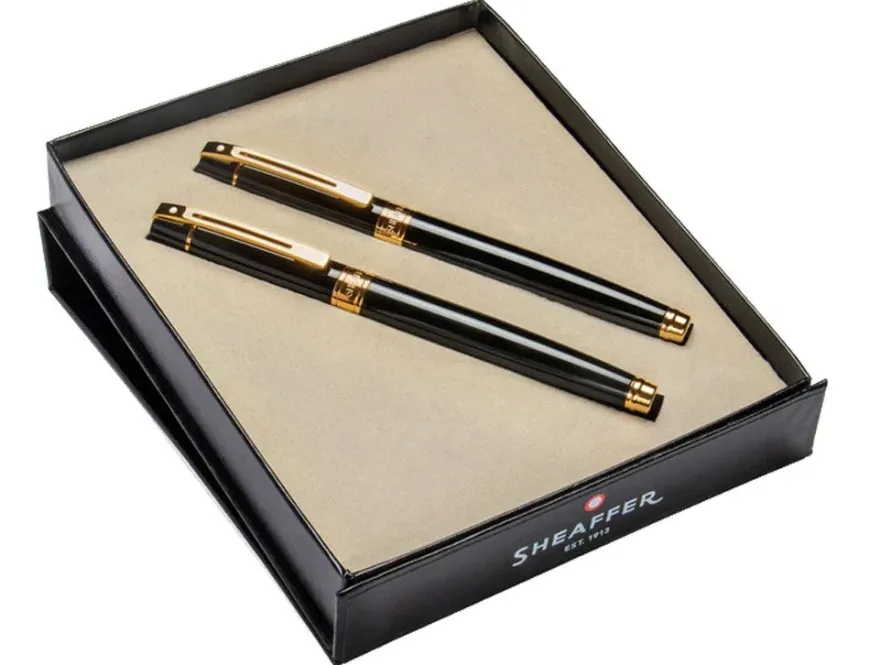 Sheaffer 300 Gloss Black Gold Trim Rollerball & Fountain Pen Gift Set