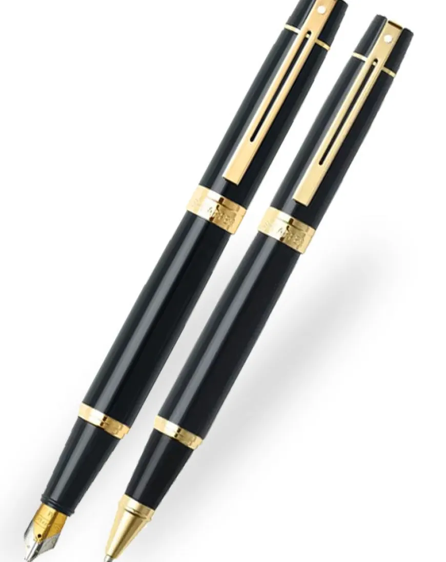 Sheaffer 300 Gloss Black Gold Trim Rollerball & Fountain Pen Gift Set