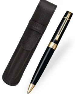 Sheaffer 300 Gloss Black Gold Trim Ballpoint Pen & Single Leather Pouch Gift Set