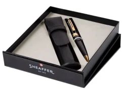 Sheaffer 300 Gloss Black Gold Trim Ballpoint Pen & Single Leather Pouch Gift Set