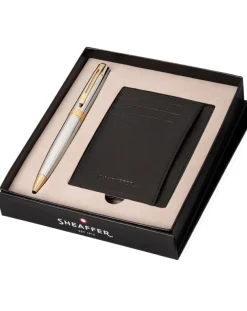 Sheaffer 300 Glossy Bright Chrome Gold Trim Ballpoint Pen & Credit Card Holder Gift Set