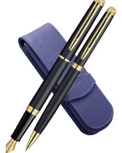 Waterman Hemisphere Matte Black Gold Trim Fountain, Ballpoint & Leather Pen Case Set