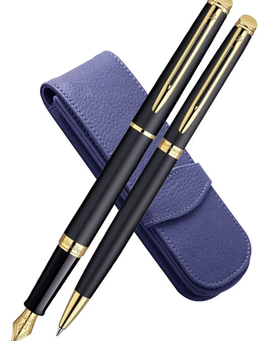 Waterman Hemisphere Matte Black Gold Trim Fountain, Ballpoint & Leather Pen Case Set
