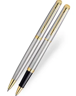 Waterman Hemisphere Stainless Steel Gold Trim Rollerball & Ballpoint Pen Set