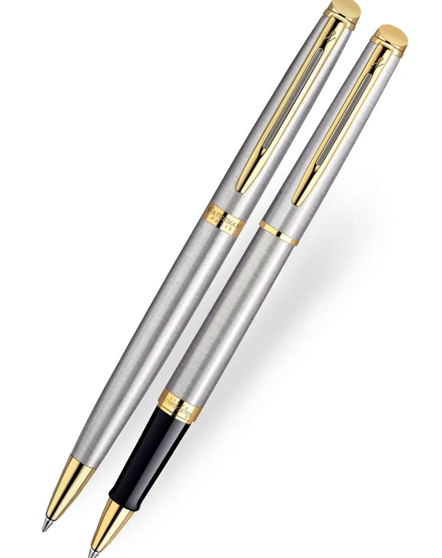 Waterman Hemisphere Stainless Steel Gold Trim Rollerball & Ballpoint Pen Set