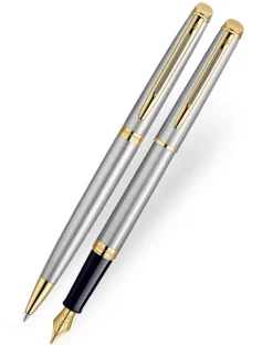 Waterman Hemisphere Stainless Steel Gold Trim Fountain & Ballpoint Pen Set